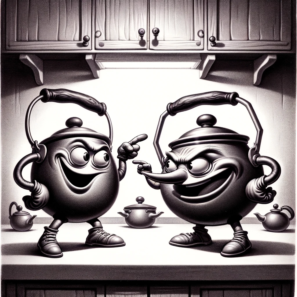 DALL·E 2024-03-17 23.17.04 - An illustrative representation of the Finnish proverb 'pata kattilaa soimaa', which translates to 'the pot calls the kettle black'. The image should d.webp